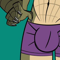 anthro balls bodily_fluids bulge claws clothed clothing countershade_torso countershading dripping genital_fluids genitals green_background humanoid_genitalia humanoid_penis leaking_precum male navel partially_clothed penis pink_penis precum precum_drip precum_string presenting presenting_penis purple_clothing revealing_penis simple_background solo throbbing throbbing_penis underwear underwear_down penny_prickles craig_mires crocodile crocodilian reptile saltwater_crocodile scalie animated short_playtime