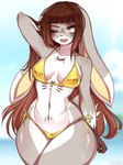 anthro bikini biped blurred_background breasts brown_hair clothing eyelashes female glistening glistening_body grey_body hair long_body long_hair medium_breasts one_eye_closed open_mouth outside pupils side-tie_bikini solo string_bikini swimwear thick_thighs two-piece_swimsuit wet wet_body white_body wide_hips vtalna1 golden_week lagomorph leporid mammal rabbit hi_res