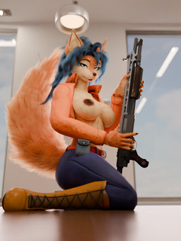 big_breasts breasts exposed_breasts female fluffy fluffy_tail gun looking_at_viewer nipples pose ranged_weapon shotgun solo tail weapon mereo furromantic_(modeler) sly_cooper_(series) sony_corporation sony_interactive_entertainment sucker_punch_productions carmelita_fox canid canine fox mammal 3:4 3d_(artwork) blender_(artwork) blender_cycles_(artwork) digital_media_(artwork) hi_res pinup