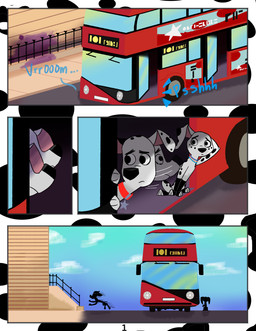 black_spots blue_sky bus commercial_vehicle duo female feral fur london_bus male red_bus sky sniffing spots toony vehicle white_body white_fur renzoxd wanderer-w0olf 101_dalmatian_street 101_dalmatians disney dolly_(101_dalmatians) dylan_(101_dalmatians) canid canine canis dalmatian domestic_dog mammal absurd_res comic hi_res