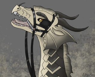 bdsm bit_gag black_sclera blinders bondage bound bridle brown_body brown_fur brown_horn brown_scales ear_frill eyewear female feral frill_(anatomy) fur gag halter horn leather long_neck looking_at_viewer nose_spike open_mouth petplay ponyplay reins roleplay scales side_view simple_background snout solo tongue yellow_body yellow_eyes yellow_scales lizord mythology wings_of_fire acacia_(shayur) dragon hybrid mythological_creature mythological_scalie rainwing_(wof) sandwing_(wof) scalie digital_media_(artwork) headshot_portrait hi_res portrait shaded simple_shading