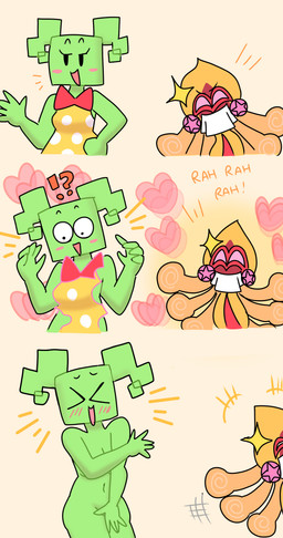 3_panel_comic 5_fingers >_< bar_emanata black_eyes blush blush_lines blush_stickers bow_tie breasts chanting clothed_to_nude clothing covering covering_breasts covering_crotch covering_vulva dress duo emanata exclamation_point eyelashes eyes_closed female female_humanoid fingers green_body green_breasts green_hair green_skin hair half-closed_eyes hand_on_hip hand_on_own_hip heart_symbol interrobang looking_down narrowed_eyes navel not_furry open_mouth open_smile orange_text pattern_clothing pattern_dress pigtails pink_blush red_bow_tie simple_background smile spots spotted_clothing spotted_dress square_(anatomy) square_head surprised tan_background text wide_eyed yellow_clothing yellow_dress compysteps mario_bros nintendo paper_mario merlee mimi_(paper_mario) humanoid 2025 absurd_res comic digital_media_(artwork) hi_res sequence