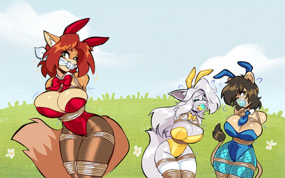 anthro arms_tied bdsm big_breasts black_hair blue_clothing blue_eyes blue_leotard blush bondage bound bow_ribbon bow_tie breasts bunny_costume cleavage cleave_gag clothed clothed_anthro clothed_female clothing costume fake_ears fake_rabbit_ears female fluffy fluffy_tail fur gag gagged green_eyes group hair legs_tied legwear leotard long_hair orange_body orange_fur pantyhose red_clothing red_hair red_leotard restraints rope rope_bondage struggling tail tail_tuft tan_body tan_fur tape tape_gag thigh_highs trio tuft white_body white_clothing white_fur white_hair white_legwear white_thigh_highs wide_hips yellow_clothing yellow_eyes yellow_leotard jamoart alex_(furrybound) lupe_(furrybound) scarlett_(furrybound) canid canine canis felid fox lion mammal pantherine wolf 2026 hi_res