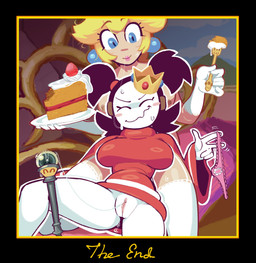 5_fingers armwear big_breasts black_hair blonde_hair blue_ear_ring blue_eyes blush blush_stickers bodily_fluids breasts cake_slice chair clitoris clothed clothing crown duo elbow_gloves expressive_mask eyebrows eyelashes eyes_closed female female/female female_on_human female_on_humanoid fingers flower_panties food frilly frilly_clothing frilly_panties frilly_underwear fruit furniture genital_fluids genitals gloves gold_crown hair handwear happy headgear holding_fork holding_object holding_plate hooded_robe human_on_humanoid humanoid_genitalia humanoid_vulva inner_labia inside interspecies lipstick looking_at_another looking_down looking_down_at_another makeup mask motion_lines nipples no_underwear not_furry outline panties panties_around_finger pigtails pink_clitoris pink_clothing pink_inner_labia pink_lipstick pink_panties pink_underwear pink_vulva plant plate red_clothing red_robe robe saliva saliva_string smile staff strawberry sweat sweaty_face tan_body tan_skin text the_end throne underwear vaginal_fluid_string vaginal_fluids vulva wavy_mouth wearing_mask white_armwear white_body white_clothing white_elbow_gloves white_gloves white_handwear white_outline white_sclera white_skin yellow_text loopsdaloop mario_bros nintendo super_mario_64 princess_peach sadie_(genocity) human humanoid mammal absurd_res hi_res