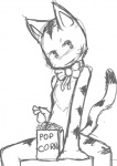 amaya_(bcb) anthro bittersweet_candy_bowl chest_tuft domestic_cat felid feline felis female food fur greyscale looking_at_viewer low_res mammal monochrome popcorn radial_(artist) ribbons simple_background smile solo tail tuft white_background