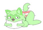 anthro big_breasts breasts clothing cute_fangs fangs female fluffy fluffy_tail fur nipples pillow simple_background solo tail teeth underwear phant0mhat nintendo pokemon felid feline generation_9_pokemon mammal pokemon_(species) sprigatito colored digital_media_(artwork) hi_res