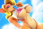 3d_(artwork) activision anthro areola bandicoot big_breasts bikini blonde_hair blue_eyes breasts clothing cloud crash_bandicoot_(series) dessert detailed_background digital_media_(artwork) eating_ice_cream female food gesture hair hand_gesture hi_res ice_cream ice_cream_on_breasts long_hair looking_at_viewer makeup mammal marsupial midriff multicolored_body navel nipple_outline outside pink_areola pink_bikini pink_clothing pink_swimwear portrait sala3dart sky solo standing suggestive suggestive_eating swimwear tawna_bandicoot three-quarter_portrait three-quarter_view two-piece_swimsuit under_boob