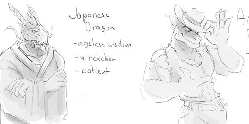anthro barazoku claws clothing comparison crossed_arms duo hat headgear headwear humanoid_pointy_ears humor looking_at_viewer male muscular pointy_ears smile text whiskers spedumon asian_mythology east_asian_mythology european_mythology mythology dragon eastern_dragon mythological_creature mythological_scalie scalie western_dragon 2018 alternate_version_at_source english_text hi_res meme monochrome sketch
