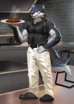 anthro barefoot beef belt black_clothing black_shirt black_topwear bottomwear brick_wall chair clothing cooking_pot feet food fur furniture hand_on_hip inside kitchen male meat multicolored_body multicolored_fur pants plantigrade plate shirt solo steak steam topwear wall_(structure) white_bottomwear white_clothing white_pants pandarita thunderrangers archermagnum canid canine canis mammal wolf 2021 absurd_res hi_res