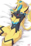 2018 absurd_res ambiguous_gender anthro bed black_body black_fur blue_body blue_eyes blue_fur claws felid fur furniture generation_7_pokemon hands_behind_head hi_res legendary_pokemon looking_at_viewer lying mammal nintendo on_bed open_mouth pawpads pokemon pokemon_(species) raruru solo tongue yellow_body yellow_fur zeraora