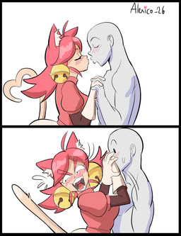 2_panel_comic about_to_kiss animal_ears bald bell bodily_fluids breasts cat_tail clothing covering covering_face dipstick_tail duo embarrassed eyelashes eyes_closed female female_humanoid gloves grey_body hair hands_covering_mouth handwear inner_ear_fluff looking_away male male_human markings medium_breasts pink_clothing pink_hair puffy_sleeves short_hair sweat tail tail_markings tied_hair tuft white_clothing alexico26 deltarune undertale_(series) anon mad_mew_mew mew_mew_(undertale) pink_(deltarune) animal_humanoid felid felid_humanoid feline feline_humanoid human humanoid mammal mammal_humanoid 2026 absurd_res digital_drawing_(artwork) digital_media_(artwork) hi_res