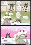 2018 anthro big_breasts blush bovid breasts caprine clothing comic deer dialogue digital_media_(artwork) domestic_sheep duo eeekay english_text facial_piercing female fugue_(eeekay) fur hair hi_res horn lethe_(eeekay) mammal new_world_deer nipples nude overweight piercing pudu sheep short skinny text url