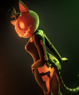 anthro black_bodysuit black_clothing black_skinsuit bodysuit breasts butt clothing dutch_angle female food for_a_head fruit gradient_background hand_on_hip jack-o'-lantern looking_at_viewer looking_back looking_back_at_viewer markings medium_breasts plant pumpkin pumpkin_head rear_view simple_background skeleton_(marking) skinsuit solo striped_markings striped_tail stripes tail tail_markings thick_thighs tight_clothing vincead epic_games fortnite spice_(fortnite) domestic_cat felid feline felis mammal object_head 3d_(artwork) digital_media_(artwork) hi_res watermark