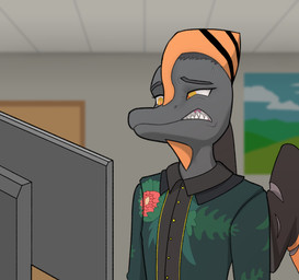 anthro biped blurred_background bodily_fluids brown_body brown_hair brown_scales classroom clenched_teeth clothed clothed_anthro clothed_male clothing computer_monitor eyebrows floral_print grimace hair inside jacket looking_at_screen male markings open_mouth orange_body orange_eyes orange_scales raised_eyebrow scales scar school short_hair solo striped_markings stripes sweat sweatdrop teeth three-quarter_view topwear wings shrek_360_onionscope cavemanon_studios goodbye_volcano_high ko_op_(game_developer) snoot_game naser_(gvh) prehistoric_species pterodactylus pterosaur reptile scalie 2024 colored reaction_image