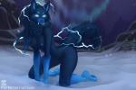 2018 anthro biped blizzard_entertainment blue_body blue_fur blue_nose breasts canid canine canis detailed_background digital_media_(artwork) fangs female fur kneeling mammal night nipples outside sabertooth_(anatomy) satsukii skoll_(warcraft) snow solo teeth warcraft wolf