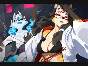 anthro areola biped blue_body blue_fur blush bra breast_grab breasts clothed clothed_anthro clothed_female clothing countershade_torso countershading duo exposed_breasts female female/female fingers front_view fur hair hand_on_breast mask nipples orange_body orange_fur standing teeth tongue underwear kame_3 naoya_hair_flip masked_fox_(kame_3) yuurei-chan canid canine fox mammal 2026 4:3 digital_drawing_(artwork) digital_media_(artwork) hi_res meme