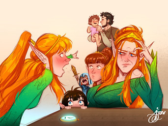 aged_up angry annoyed arm_support bangs beard bent_legs black_beard black_eyes black_facial_hair black_hair blue_clothing blue_eyes blue_helmet blue_shirt blue_topwear blush blush_lines blushing_profusely bottomwear breasts brown_bottomwear brown_clothing brown_hair brown_pants brown_shirt brown_topwear buckteeth circlet clock clothed clothed_female clothed_human clothed_humanoid clothed_male clothing dress ear_piercing eyelashes eyes_closed facial_hair female female_humanoid fully_clothed fully_clothed_human fully_clothed_male furrowed_brow furrowed_eyebrows green_clothing green_dress green_shirt green_topwear group hair hand_on_table happy holding_another holding_toy_sword holding_toy_weapon humanoid_pointy_ears larger_female larger_humanoid larger_male leaning_on_elbow leaning_on_table light lips long_hair looking_up_at_another male male_human neonate not_furry onesie open_mouth orange_hair pants piercing pink_lips pocketwatch pointy_ears purple_onesie shirt short_hair simple_background size_difference smaller_female smaller_humanoid smile smiling_at_another smiling_at_each_other square_crossover standing tan_background tan_body tan_skin teeth time_travel topwear watch wavy_hair wide_eyed yellow_hairband young young_female young_humanoid thecardinalarts elf_comic elf_(merrivius) human_(merrivius) elf half-elf human humanoid hybrid mammal 2025 colored digital_drawing_(artwork) digital_media_(artwork) english_description hi_res lighting shaded signature daughter_(lore) father_(lore) father_and_child_(lore) father_and_daughter_(lore) mother_(lore) mother_and_child_(lore) mother_and_daughter_(lore) parent_(lore) parent_and_child_(lore) parent_and_daughter_(lore) sibling_(lore) sister_(lore) sisters_(lore)