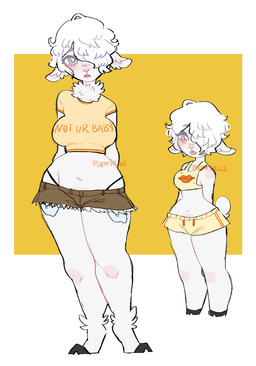 ankle_tuft anthro athletic_wear belly blep bottomwear breasts brown_bottomwear brown_clothing brown_shorts clothing crop_top daisy_dukes denim denim_bottomwear denim_clothing denim_shorts eyelashes female gym_bottomwear gym_shorts hair hair_over_eye hands_behind_back hooves hotpants leg_tuft navel neck_tuft rosy_cheeks shirt shorts simple_background solo text text_on_clothing text_on_shirt text_on_topwear thick_thighs thong_straps tongue tongue_out topwear tuft white_background white_body white_hair wide_hips yellow_background yellow_bottomwear yellow_clothing yellow_shirt yellow_shorts yellow_topwear paprikaa bovid caprine mammal sheep hi_res