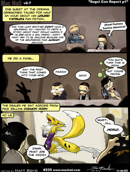 anthro censored_nipples commentary convention dipstick_tail eyes_closed female fur group male markings tail tail_markings text white_body white_fur yellow_body yellow_fur ian_mcconville matt_boyd bandai_namco digimon mac_hall canid canine digimon_(species) mammal renamon 2003 censored comic english_text mosaic_censorship