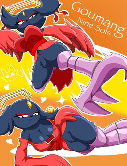 anthro breasts cleavage clothed clothing feet female heart_symbol looking_at_viewer lying on_side smile solo talons text toes topwear winged_arms wings zebra10045 nine_sols red_candle_games goumang_(nine_sols) felid feline mammal solarian character_name english_text hi_res