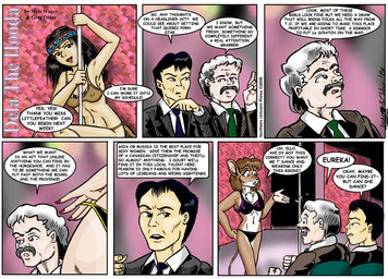 accessory anthro bikini black_hair bottomwear breasts brown_body brown_fur brown_hair chest_tuft clothed clothed_female clothed_male clothing dancing dialogue female fur grey_hair group hair headband leather leather_clothing loincloth male midriff native_american_clothing navel nipple_outline open_mouth pole pole_dancing stripper_pole swimwear text tuft two-piece_swimsuit style_wager dela_the_hooda edith_picadelly human mammal mouse murid murine rodent 2006 comic english_text