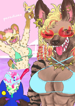 anthro beach big_breasts bikini bikini_top blonde_hair blood bodily_fluids braided_hair breasts cleavage clothed clothing dessert duo ear_piercing ear_ring eyewear female food fur gore hair ice_cream industrial_piercing jewelry necklace open_mouth piercing pink_hair ring_piercing seaside severed_body_part severed_head smile spots swimwear teeth tongue tongue_out tongue_piercing two-piece_swimsuit kyokyota canid canine hyena mammal spotted_hyena striped_hyena 2020 absurd_res hi_res