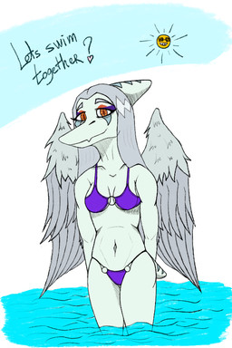 anthro bikini blue_body breasts clothed clothed_anthro clothed_female clothing dialogue elbow_feathers eyelashes feathered_wings feathers female front_view grey_body grey_feathers grey_hair hair hands_behind_back heart_symbol inviting long_eyelashes long_hair markings medium_breasts navel non-mammal_breasts non-mammal_navel o-ring o-ring_bikini orange_eyes partially_submerged purple_bikini purple_clothing purple_swimwear short_tail simple_background smile solo standing striped_markings stripes sun swimwear tail talking_to_viewer text two-piece_swimsuit water white_background wings lorikani cavemanon_studios goodbye_volcano_high ko_op_(game_developer) snoot_game fang_(gvh) prehistoric_species pterosaur reptile scalie 2:3 colored english_text shaded