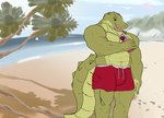 anthro beach beverage blue_eyes bottomwear bulge clothing crocodile crocodilian green_body hi_res holding_beverage holding_glass holding_object looking_down looking_pleasured male muscular muscular_anthro muscular_male open_mouth plant reptile sand scalie sea seaside shorts solo swimming_trunks swimwear tail teeth teeth_showing tongue tongue_out tree water wffl_(artist)