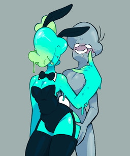 5_fingers ambiguous_gender armor big_butt black_bow_tie black_breastplate black_clothing black_legwear black_stockings blue_body blush bottomless bottomless_ambiguous bow_tie breastplate bulge bunny_costume butt clothed clothing costume curvy_figure dripping duo eyewear eyewear_only fake_ears fake_rabbit_ears fingers footwear glasses glasses_only glistening glistening_body glistening_butt glistening_hair glistening_skin goo_hair green_body green_tongue grey_background grey_body grey_hair grey_skin hair hair_over_eye hand_on_butt high_heels latex latex_clothing latex_legwear latex_stockings legwear male male/male multicolored_body not_furry nude playboy_bunny pseudo_hair seductive shoes simple_background simple_eyes sitting smile smirk solo stockings teasing teasing_with_butt text thick_thighs tongue tongue_out two_tone_body wearing_glasses wide_hips dozighost cosmo_(dozighost) elemental_creature elemental_humanoid goo_creature goo_humanoid human humanoid mammal 2024 artist_name colored digital_drawing_(artwork) digital_media_(artwork) english_text shaded signature watermark