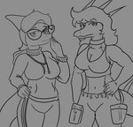 5_fingers anthro bone_frill bottomwear breasts cargo_pants choker cleavage clothed clothing crop_top duo eyelashes eyewear female fingers frill_(anatomy) glasses hair hand_on_hip hand_on_own_hip head_spikes hoodie jewelry long_hair long_tail looking_at_viewer midriff necklace pants shirt smile snout spiked_tail spikes spikes_(anatomy) sweatpants tail topwear arsenic_iii cavemanon_studios snoot_game chelsea_(arsenic_iii) fan_character zephyr_(op_gero) aquilops ceratopsian dinosaur hadrosaurid ornithischian ornithopod parasaurolophus prehistoric_species reptile scalie 2024 black_and_white hi_res monochrome