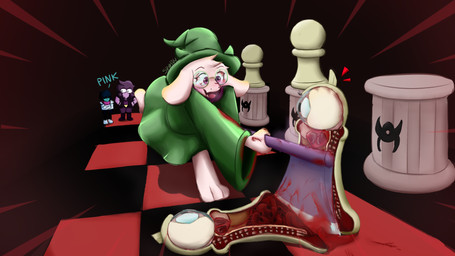 3_characters anthro attack bisected blood bodily_fluids body_horror chess chess_piece cloak clothing dismemberment exclamation_point exposed_organs eyewear female fight glasses gore green_clothing group guts hat headgear headwear intestines male motion_lines organs red_background robe round_glasses simple_background spaidynator stab text trio violence wounded deltarune undertale_(series) kris_dreemurr ralsei susie_(deltarune) bovid caprine goat human humanoid lizard mammal reptile scalie 16:9 digital_media_(artwork) hi_res signature widescreen