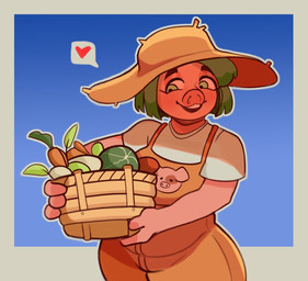 anthro carrot clothing eyelashes farmer female food fruit green_eyes green_hair hair hat headgear headwear heart_symbol melon orange_clothing orange_overalls outline overalls pink_body plant potato simple_background smile solo standing straw_hat thick_thighs turnip vegetable watermelon white_background white_outline wide_hips hangedc domestic_pig mammal suid suine sus_(pig)