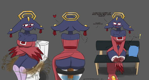 amputee anthro anus bandage bandaged_leg big_breasts big_butt black_eyes blood blood_stain blush bodily_fluids breasts butt clothed clothing dialogue disability ear_piercing embarrassed eyelashes fart fart_cloud fart_fetish feces female floppy_ears forehead_gem fur gem halo jewelry makeup omorashi open_mouth partially_clothed piercing pooping simple_background sitting solo sound_effects text thick_thighs toilet toilet_use topwear winged_arms wings notmypornaccount nine_sols red_candle_games goumang_(nine_sols) felid feline mammal solarian 2026 absurd_res digital_media_(artwork) english_text hi_res