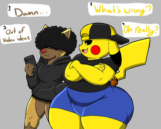 afro anthro asking asking_another backwards_hat black_body black_clothing black_ear_tips black_fur black_hoodie black_sclera black_shirt black_topwear blue_bottomwear blue_clothing blue_pants bottomwear brown_body brown_fur cellphone clothed clothed_anthro clothed_male clothing crossed_arms dialogue dipstick_ears duo ear_markings electronics fur grey_background hair hair_over_eyes hat headgear headwear holding_cellphone holding_object holding_phone holding_smartphone hoodie looking_at_another male mouth_closed multicolored_ears open_mouth pants phone pink_tongue red_nose shirt simple_background smartphone snaggle_tooth tail talking_to_another text thick_thighs tongue topwear white_eyes yellow_body yellow_fur hyenakenisis nintendo pokemon ty_kenisis generation_1_pokemon generation_3_pokemon pikachu pokemon_(species) poochyena english_text hi_res