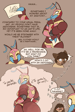 ambiguous_gender antennae_(anatomy) anthro arthropod_abdomen big_ears big_nose blush blush_lines bodily_fluids brown_body brown_eyes brown_fur brown_hair curly_hair daydream dialogue drooling duo exoskeleton fangs female finger_to_mouth flirting freckles fur hair hand_on_hip holding_object holding_paper looking_at_another lucha_libre_mask mandibles mask motion_lines nervous paper question_mark saliva speech_bubble sports_mask sportswear standing sweat sweatdrop teeth text thought_bubble thoughts wide_eyed wrestling_mask carameltsi rivals_of_aether la_reina_(rivals_of_aether) ti-ti ant arthropod bat hymenopteran insect mammal 2:3 absurd_res hi_res spanish_text