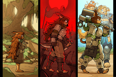 5_fingers 5_toes age_progression ahoge anthro armor arrow_(weapon) axe bar_emanata barefoot brown_hair clothed clothed_anthro clothed_female clothing emanata feet female fingerless_gloves fingers gloves group hair handwear holding_axe holding_knife holding_melee_weapon holding_object holding_plushie holding_weapon knife long_hair melee_weapon metal_armor outside plushie pouch_(clothing) ranged_weapon side_view standing stirrup_footwear sword tail toes trio walking weapon young young_anthro young_female ceehaz dog_knight_rpg jeane_(ceehaz) maci_(ceehaz) rory_(ceehaz) bird_dog canid canine canis dobermann domestic_dog golden_retriever hunting_dog mammal pinscher pomeranian retriever spitz 2026 absurd_res hi_res