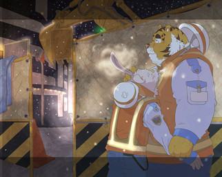 armor clothed clothing construction construction_equipment construction_worker detailed_background duo hard_hat headgear helmet high-vis hug male outside overweight predator/prey romantic romantic_ambiance size_difference slightly_chubby standing anti_fix tachiuo felid lagomorph leporid mammal pantherine rabbit tiger