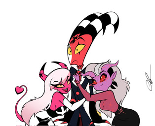 accessory breasts clothing eyewear female glasses grey_hair group group_hug hair hair_accessory hairband harem horn hug hugging_another long_hair male male/female pink_body pink_skin red_body red_eyes red_skin side_boob simple_background spade_tail tail trio white_background white_hair yellow_eyes chio_ars hellaverse helluva_boss blitzo_(helluva_boss) mrs._mayberry_(helluva_boss) verosika_mayday demon humanoid absurd_res colored hi_res