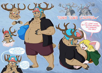 aged_up anthro antlers belly blue_nose clothing female fluffy grin hat headgear headwear horn hug male male_focus petting size_difference smile text themuffinly one_piece carrot_(one_piece) tony_tony_chopper deer lagomorph leporid mammal minkmen_(one_piece) new_world_deer rabbit reindeer english_text hi_res