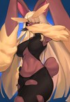 anthro black_sclera blonde_hair bottomwear breasts clothing eyelashes female grey_background hair hair_over_eye long_ears long_hair medium_breasts midriff one_eye_obstructed pants red_eyes short_hair simple_background solo torn_clothing woobin94 nintendo pokemon generation_6_pokemon mega_evolution mega_lopunny pokemon_(species) 2022 hi_res