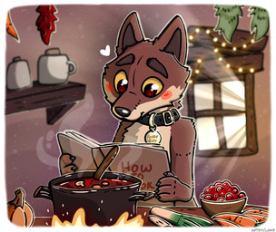 4_fingers anthro big_pupils black_nose blurred_background blush book bowl brown_body brown_fur carrot cheek_tuft christmas_decorations christmas_lights claws collar collar_only collar_tag container cookbook cooking cooking_pot daww dilated_pupils ears_up eyebrows facial_tuft fingers fire food fur fuzzy glistening glistening_eyes heart_symbol holding_book holding_object inside light light_beam lights male nude outline particles plant pointy_ears prick_ears pupils reading reading_book round_eyes shelf smile solo standing string_lights sunbeam sunlight tan_body tan_fur tuft vegetable window yellow_eyes yellow_sclera artsyclaws intermarche_unloved albert_(intermache_unloved) canid canine canis mammal wolf 2025 colored hi_res
