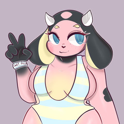 2_horns anthro anthrofied big_breasts blue_eyes breasts clothed clothing curvy_figure eyelashes female floppy_ears freckled_face freckles gesture gloves_(marking) grey_background hand_gesture horn lop_ears markings one-piece_swimsuit pink_body pokemorph simple_background smile solo swimwear text v_sign wide_hips wristband vixenart got_milk? nintendo pokemon bovid bovine cattle generation_2_pokemon mammal miltank pokemon_(species) 1:1 2020 digital_media_(artwork) english_text half-length_portrait hi_res meme portrait