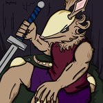 anthro bottomwear claws clothed clothing ear_piercing ear_ring fantasy frown fur gold_ear_ring holding_melee_weapon holding_object holding_weapon looking_away male melee_weapon muscular muscular_male outlined piercing purple_bottomwear purple_clothing purple_shorts red_clothing red_topwear red_vest ring_piercing shell shorts simple_background sitting solo sword tail tan_body tan_fur topwear tufted_fur vest weapon snufflesnuf rillian_(snufflesnuf) armadillo mammal xenarthran 1:1 hi_res shaded simple_shading