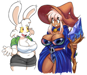 5_fingers alternate_costume anthro bangs black_eyebrows black_nose blue_clothing blue_robe bottomwear breasts brown_body brown_clothing brown_ears brown_hat brown_headwear brown_skin buckteeth cartoon_freckles cheek_tuft chest_tuft cleavage clothed clothing clothing_swap crop_top duo eyebrows eyelashes facial_tuft female female_anthro female_humanoid fingers freckled_breasts freckled_face freckles fur green_clothing green_jacket green_topwear grey_bottomwear grey_clothing grey_shorts hair hat head_tuft headgear headwear holding_object holding_staff humanoid_pointy_ears jacket long_eyelashes looking_at_another navel open_clothing open_jacket open_mouth open_smile open_topwear pointy_ears pupils red_eyes robe shirt short_tail shorts smile staff standing tail tan_hair teeth thick_eyebrows thick_thighs topwear tuft white_body white_clothing white_crop_top white_ears white_fur white_pupils white_sclera white_tail white_topwear white_tuft wizard_hat wizard_robe yellow_sclera genocityzone autumn_(genocityzone) elf humanoid lagomorph leporid mammal rabbit 2026 digital_media_(artwork) hi_res