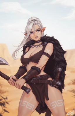 5_fingers breasts clothed clothed_female clothed_humanoid clothing ear_piercing female female_humanoid fingernails fingers front_view hair holding_object holding_weapon nails not_furry outside piercing pointy_ears purple_eyes solo standing teeth weapon white_hair personalami elf humanoid 2025 digital_drawing_(artwork) digital_media_(artwork) hi_res