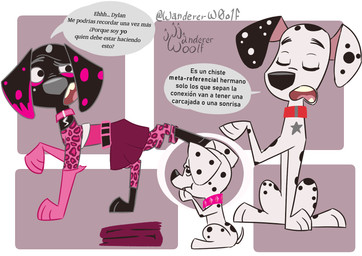belt black_belt black_body black_fur black_nose black_spots bottomwear clothing collar collar_tag cosplay crossover_cosplay diamond_collar_tag female feral fur gloves grey_nose group handwear male pink_clothing pink_collar pink_gloves pink_handwear pink_spots purple_bottomwear purple_clothing purple_skirt red_collar skirt spots star_collar_tag text toony trio voice_actor_joke white_body white_fur wanderer-w0olf 101_dalmatian_street 101_dalmatians disney shezow dallas_(101_dalmatians) dante_(101_dalmatians) dylan_(101_dalmatians) shezow_(character) triple_d_(101_dalmatians) canid canine canis dalmatian domestic_dog mammal crossover hi_res spanish_text translated