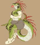 anthro big_breasts biped bottomwear breasts clothing countershade_tail countershade_torso countershading female forked_tongue green_body green_scales non-mammal_breasts scales solo tail tongue tongue_out topwear fivel iguana iguanid lizard reptile scalie 2023