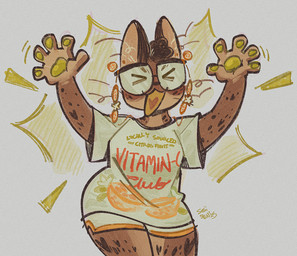 5_fingers anthro bottomwear breasts brown_body brown_ears brown_fur brown_hair clothed clothed_anthro clothed_female clothing curvy_figure ear_piercing eyes_closed eyewear female female_anthro fingers food front_view fruit fur glasses green_pawpads hair heart_tongue multicolored_body multicolored_fur open_mouth open_smile orange_(fruit) pawpads piercing plant raised_arms red_text shirt shorts simple_background smile solo text text_on_clothing text_on_shirt text_on_topwear thick_thighs topwear wearing_glasses seiishin felid feline mammal serval 2025 dated digital_drawing_(artwork) digital_media_(artwork) portrait three-quarter_portrait