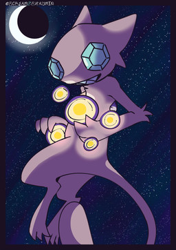 ambiguous_gender blue_eyes crescent_moon gem light looking_at_viewer low-angle_view moon moonlight pink_body pokemon_move sharp_teeth sky star starry_sky teeth worm's-eye_view screamoshaymin nintendo pokemon generation_1_pokemon generation_3_pokemon hybrid legendary_pokemon mew_(pokemon) pokemon_(species) sableye absurd_res hi_res signature