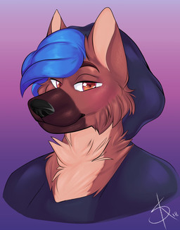 anthro black_nose blue_hair brown_body brown_eyebrows brown_eyes brown_fur clothed clothing eyebrows fur hair hoodie looking_at_viewer male multicolored_body multicolored_fur solo topwear skylar_kie canid canine canis domestic_dog german_shepherd herding_dog mammal pastoral_dog 2018 hi_res portrait